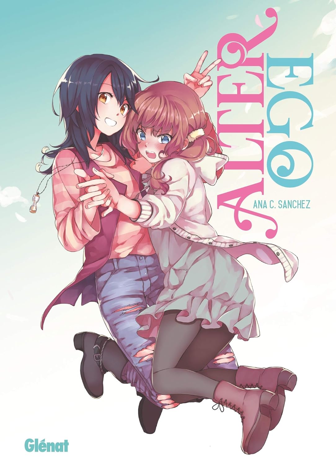Deux filles dessinées en manga qui sautent ensemble et se tiennent les mains les genoux pliés