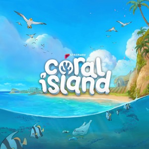 Le logo du jeu Coral Island par dessus le fond dessiné avec une plage un beau ciel bleu et une mer translucide