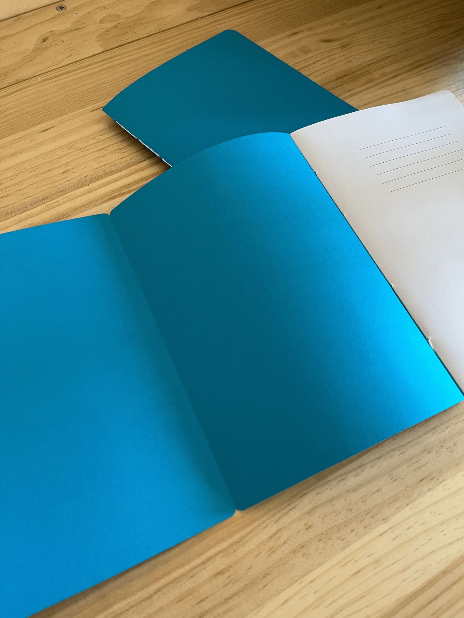 Deux carnets avec une couverture bleue, un fin et un épais, avec des coutures blanches apparentes. Le carnet épais est ouvert sur la première page et le rabat de la couverture est déplié.