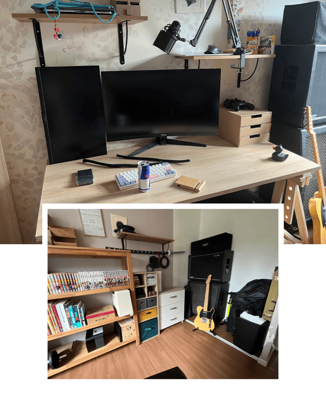 Montage photo de deux photos de mon bureau pour stream après avoir monté mon propre bureau et tout rangé